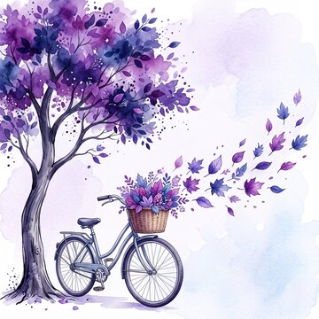 Dreamy Autumn Bicycle Under a Lavender Tree Watercolor Art Background