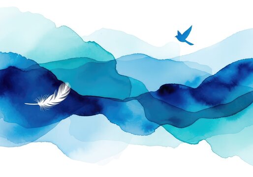 Abstract watercolor background featuring fluid blue and teal waves, creating a serene landscape effect perfect for artistic design projects, peaceful, surface, element