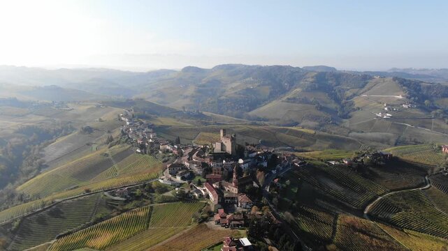 Castello di Serralunga d'Alba in mezzo ai vigneti nelle Langhe in autunno con nebbia