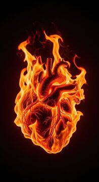 An anatomical heart glows with intense heat as vibrant orange and red flames engulf it completely against a deep and pitch black background, contrast, organ, hot