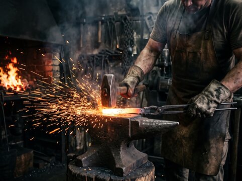 Muscular blacksmith worker forging glowing orange hot metal on anvil with heavy hammer causing bright sparks in dark industrial workshop with fire in background.