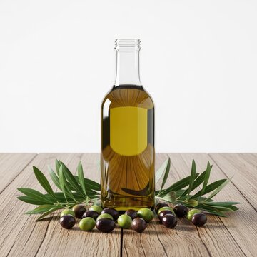 Bottiglia di vetro con olio extravergine di oliva circondata da rametti verdi e olive fresche su un tavolo di legno rustico e naturale, campagna, vegano, oliva