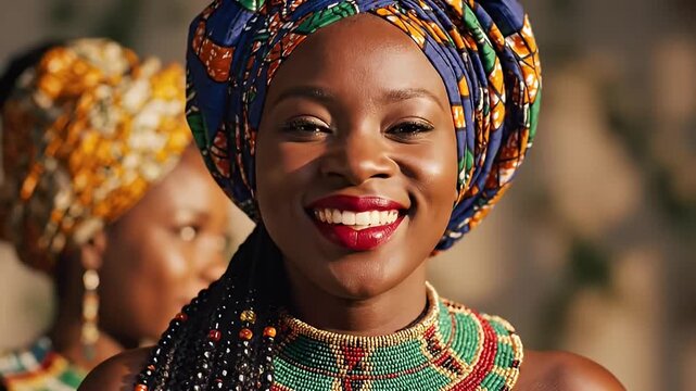 Vibrant African woman in traditional colorful headwrap and beaded necklace smiling warmly outdoors