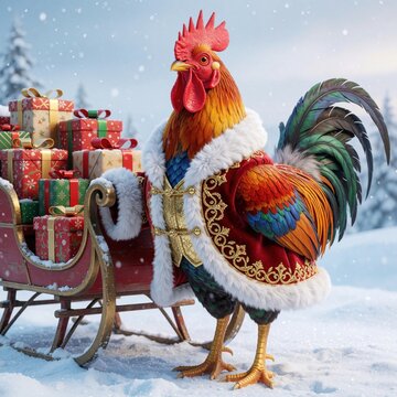 Festive rooster in coat stands by sleigh full of gifts in snowy winter landscape. Bird wears ornate garment, sits near presents, ready for holiday delivery.