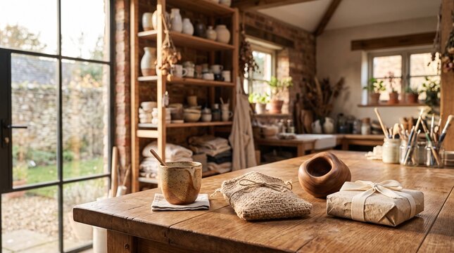 Photorealistic rustic artisan craft studio with wooden table in foreground, handmade pottery, wrapped gift with twine, woven textile, ceramic mug, brushes and tools, wooden shelves with jars and ceram
