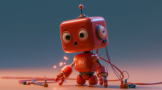 Cute red robot character with wrong wire connections looking confused with harmless sparks 3D rendering