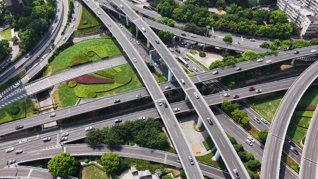 Top‑down aerial view of complex multi‑level urban highway interchange