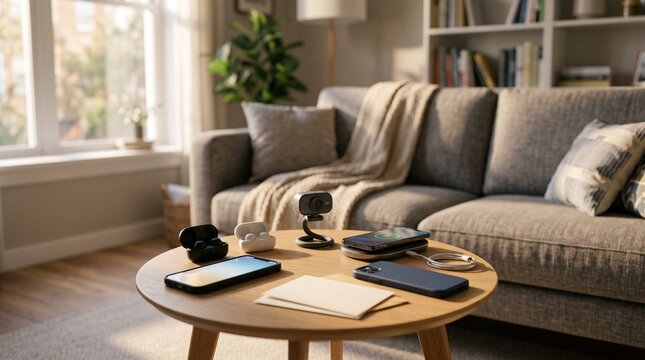 Photorealistic modern living room with cozy gray sofa, round wooden coffee table displaying smartphones, wireless earbuds in cases, smartwatch, webcam, charging cable, and notebook, natural bright day
