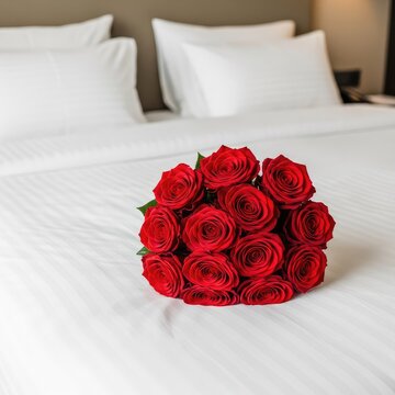 Wide angle view of a compact bouquet of red roses resting on the crisp white linens of a large double bed inside a luxury hotel guest suite, pillows, bedroom, accommodation