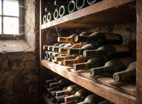 Wine bottles stored on wooden shelves inside a dusty dark rustic cellar with natural light coming from a stone window showcasing vintage collection and tradition