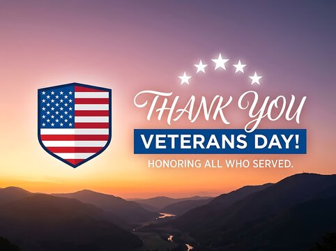Veterans Day tribute with American flag shield over scenic sunset landscape