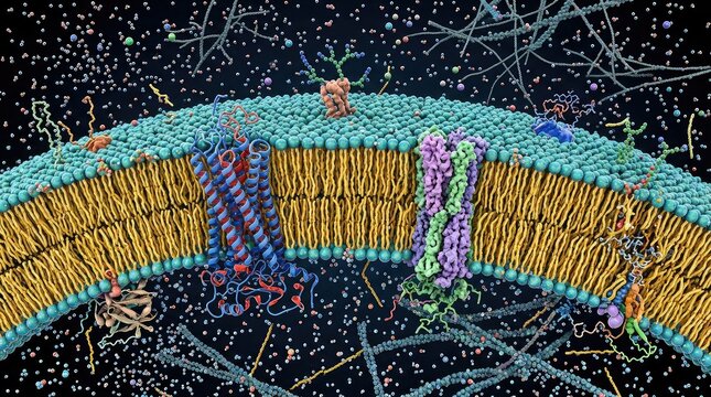 Ultra-realistic scientific 3D visualization of a wide curved phospholipid bilayer shown in a detailed cross-sectional perspective, 