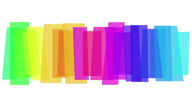Multicolored translucent rectangles shifting across a bright white background in this dynamic abstract digital animation motion graphics video clip