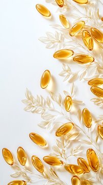 Omega 3 fish oil capsules and transparent leaves on white background for health supplement advertising