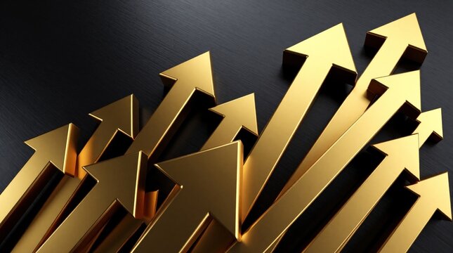 Golden arrows point upwards from a dark background, symbolizing financial growth, progress, and success in business or investments. This imagery represents upward trends.