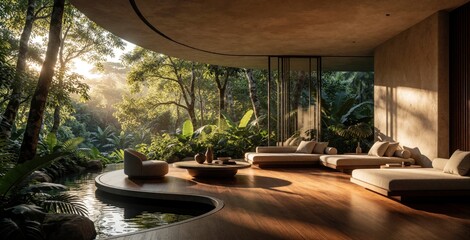 Fototapeta premium Luxurious open-plan living space with floor-to-ceiling windows overlooking a dense jungle. Modern furniture and water feature blend seamlessly with natural surroundings for ultimate relaxation.