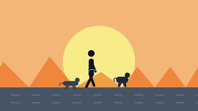 Minimalist flat design illustration of a person walking two dogs on a leash during sunrise or sunset depicting daily routine and pet ownership