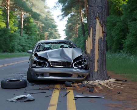 Car accident scene with vehicle crashed into large tree on roadside