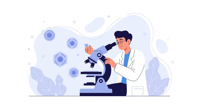 Scientist in Lab Coat Using Microscope for Cell Research, Modern Vector Illustration