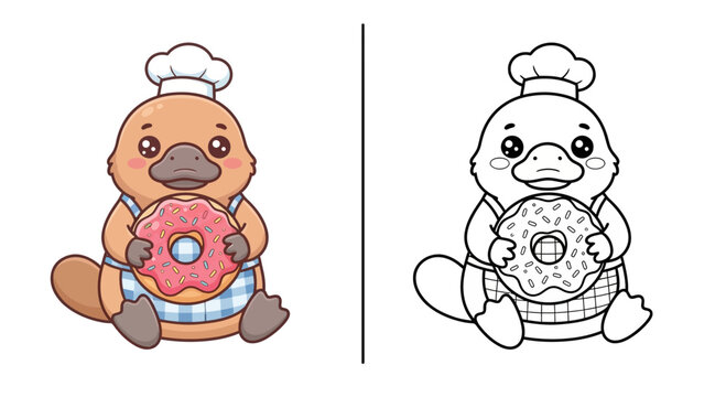 Cute kawaii platypus donut baker kids coloring worksheet vec