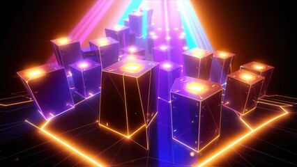 Fototapeta premium Neon geometric shapes illuminate dark space. Structures glow with vibrant purple, blue, yellow hues. Digital aesthetic dominates composition.