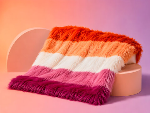 Furry textile in lesbian pride colors draped over display podium