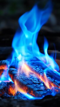 A close up view of blue flames burning on a charred log in a fire pit outdoors