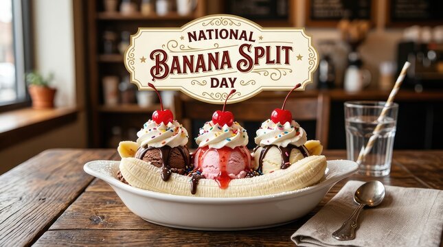 National Banana Split Day rustic wooden table poster with banana split sundae