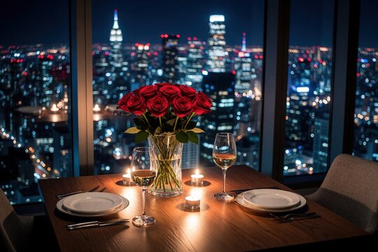 Romantic dinner set for two at night with city skyline view. Red roses, lit candles, and wine glasses create an intimate atmosphere for a special occasion at this urban eatery.