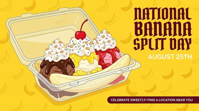 National Banana Split Day August 25th takeaway container cartoon banner