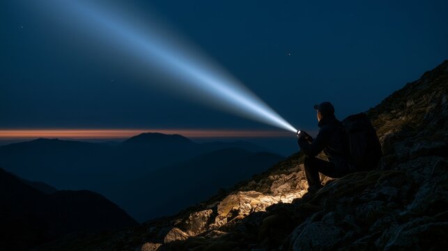 Exploration of mountains at night with a flashlight guiding the way