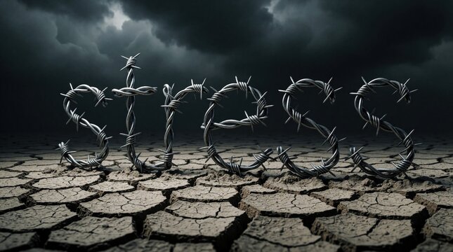 Barbed wire letters form stress on cracked arid ground. Dark stormy sky highlights emotional pressure theme. Mental health struggle and psychological hardship concept.