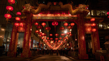 Fototapeta premium Chinese New Year Entrance Arch with Red Lanterns at Night