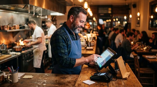 Male restaurant manager reviewing digital sales on tablet at busy urban bar counter