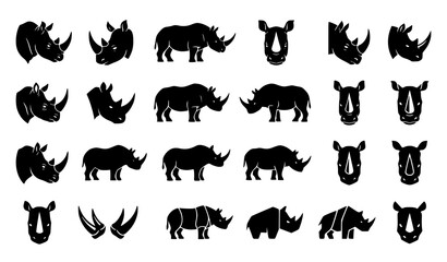 Fototapeta premium Rhinoceros Black Silhouette Icon Set with Rhinoceros Heads Side Views Full Bodies and Horns for Wildlife Logo and Nature Graphic Designs