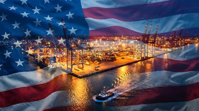 American flag superimposed over a bustling illuminated shipping port at twilight with a tugboat navigating the water