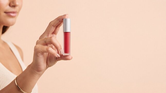 A woman holding a small tube of red liquid lipstick with a silver cap, showcasing cosmetic ad social media download thambnail poster web template event festival 2026 2027 2028