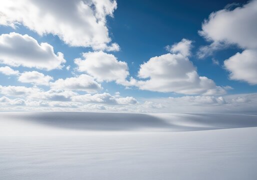 A breathtaking view of a vast snowy field under a bright blue sky filled with fluffy white clouds, showcasing a beautiful peaceful winter day landscape, bright, peaceful, cold