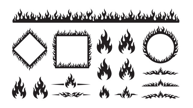Set of black fire flames silhouettes, vector design elements, borders, frames, and icons