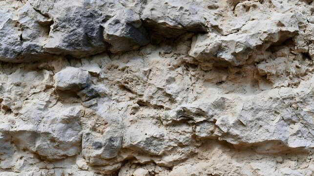 Close up of weathered limestone wall showing natural erosion patterns and varied stone textures under soft lighting