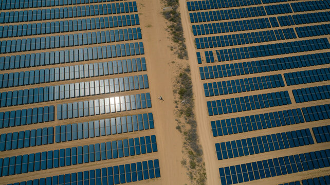 Photorealistic Drone View Of Solar Panel Geometry Forming A Clean Grid Across Open Land.