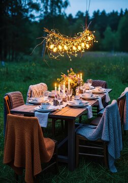 A rustic wooden table is beautifully arranged in a quiet forest clearing at twilight, featuring soft glowing lights and knitted blankets, warmth, party, picnic