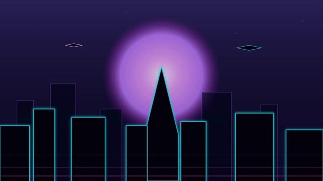 Vaporwave style city skyline at night featuring neon glowing buildings a prominent purple moon and alien UFOs ideal for sci-fi or cyberpunk themes