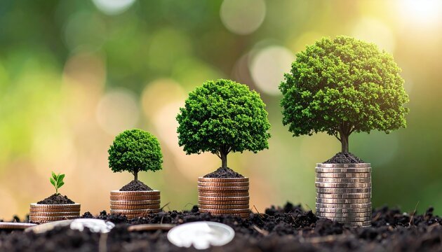 Business savings concept with coins growing into digital trees