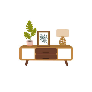 Mid Century Modern Sideboard with Indoor Plant, Framed Artwork and Table Lamp