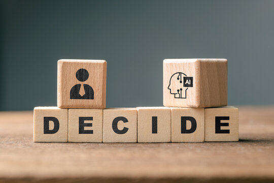 Human and AI symbols on DECIDE blocks represent questions about who should decide, how decisions are made, and the appropriate role of AI and human judgment