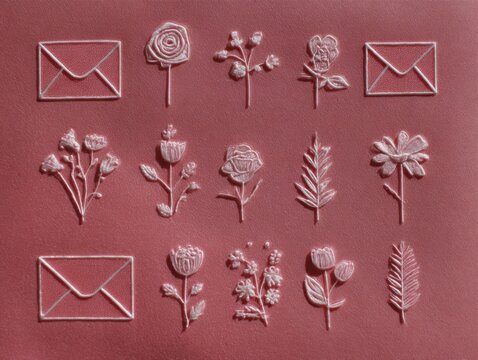 Floral and envelope embossed designs on rose-colored background  