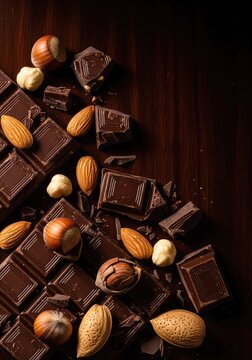 A top view of rich dark chocolate bars broken into pieces, scattered across a dark wooden surface with whole hazelnuts and almonds, organic, chunk, cocoa
