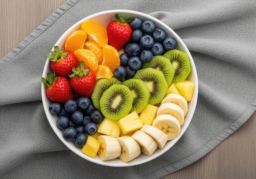 A top-down view of a vibrant fruit salad in a white ceramic bowl resting on a soft gray linen towel over a neutral wooden table surface, blueberry, gray, orange