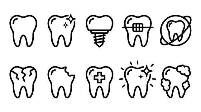 Dental tooth care icon set. Teeth health vector illustration collection. Dentistry medicine symbol. Oral hygiene sign. Teeth whitening pictogram. Broken tooth concept.